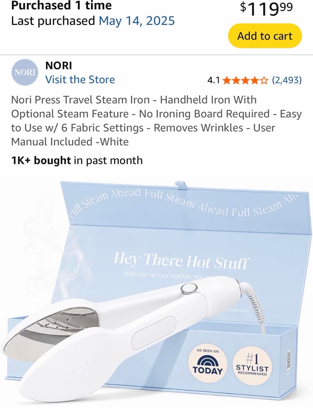 NORI White Handheld Travel Steam Iron